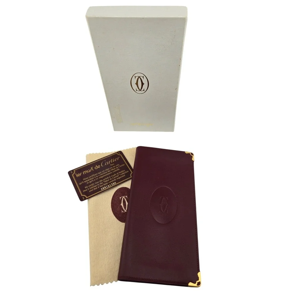 Cartier Must de Cartier Burgundy Leather Long Bifold Wallet Gold Corners Box
